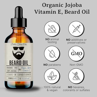 Bella Terra Oils - Beard Oil 4Oz - Crafted With Genuine Natural Organic Vitamin E Organic Jojoba & Argan Classic Anti-Friz Formula Elevating Beard Luster & Care