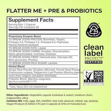 Hum Flatter Me Digestive Enzymes Plus Prebiotics & Probiotics Digestive Health 60 Capsules