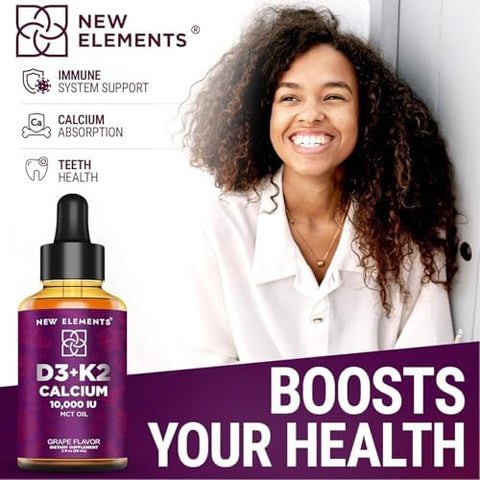 Elements Liquid Vitamin D3 K2 Drops With Calcium For Adults Vitamin D3 10000 Iu D3 K2 With Calcium For Bone Health & Immunity Support Joint Health Supplement Non-Gmo Vegan