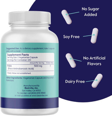 Bestvite PABA 500mg (240 Vegetarian Capsules) (120 x 2) (para-Aminobenzoic Acid) - No Stearates - Vegan - Non GMO - Gluten