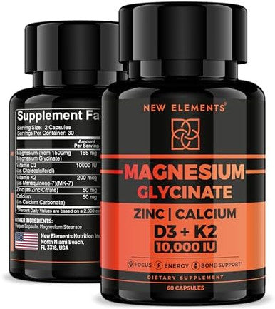 Elements Magnesium Glycinate 1500Mg With Vitamin D3 K2 + Zinc & Calcium D3 10,000 Iu K2 200Mcg Calcium 50Mg Zinc 50Mg Bone, Muscle & Immune Support For Women & Men - Vegan - Non-Gmo