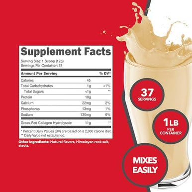 Ketologic Grass Fed Collagen Hydrolysate Powder (Vanilla) (1 Lb) 37 Servings 11 G Collagen Per Serving 10 G Protein Per Serving Grassfed Collagen Peptides