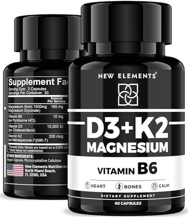 Elements Vitamin D3 K2 With Magnesium Glycinate & Vitamin B6 Magnesium 1500Mg D3 10,000 Iu K2 (Mk7) 200Mcg Vitamin B6 10Mg Maximum Absorption Immunity Heart & Nerve Support Vegan, Non-Gmo