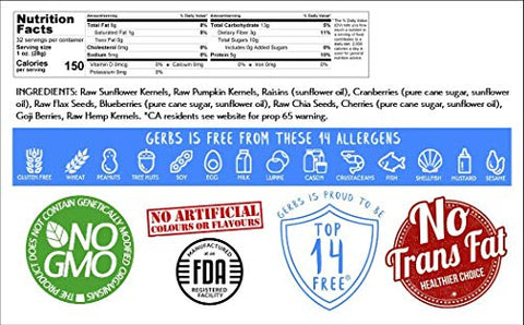Gerbs Superfood Snack Mix 2 lbs. | Raw Seeds & Unsulfured Sweetened Dried Fruit, Resealable Bag | Sweet-Tart Fruit Meets Crunchy Seeds | Top 14 Allergen-Free