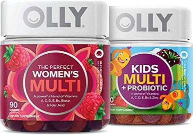 Olly Family 2 Pack: Women'S Multivitamin Gummy (90 Count) Kids Multivitamin + Probiotic Gummy (70 Count) Vitamins A D C E B Chewable Supplement Blissful Berry Yum Berry Punch 160 Count