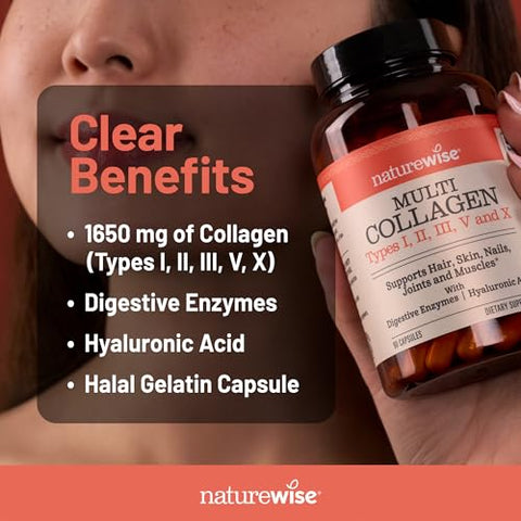 Naturewise Multi Collagen Peptides Pills For Women & Men - Type I Ii Iii V X W/Hyaluronic Acid - Supports Skin Hair Joint Health - Grass Fed Gluten Free Non-Gmo - 90 Capsules 30 Day Supply