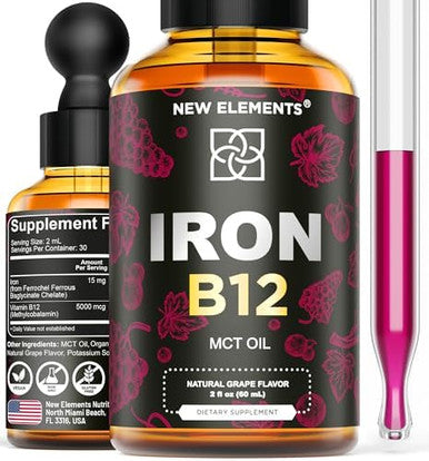 Elements Liquid Iron Supplement For Women & Men With Vitamin B12 5000Mcg - Blood Builder For Anemia - Liquid Vitamin B12 Drops For Adults With Mct Oil, Natural Grape Flavor, 2 Fl Oz