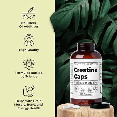 Santa Cruz Paleo Creatine Capsules Supports Muscle Growth & Energy Gluten Free Keto Sugar Free Paleo No Fillers Or Additives Creatine Monohydrate Pills 2500Mg 100 Servings 300 Capsules