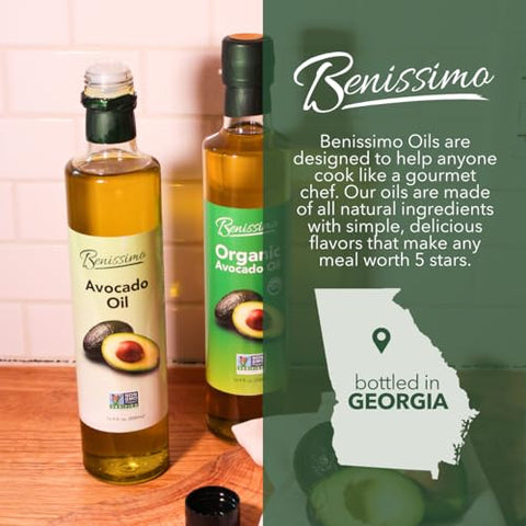 Benissimo 100% Pure Avocado Oil, 500ml Glass Bottle, Allergen-Free and Non-GMO, Premium Cold-Pressed Cooking Oil for Grilling, SautÃƒÂ©ing, Baking, and Salad Dressings