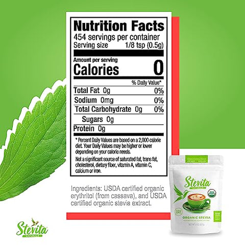 Stevita Organic Stevia 8 oz Pouch AllNatural Stevia Extract Natural Sweetener No Calories USDA Organic NonGMO Vegan Kosher Keto Paleo Gluten 454 Servings