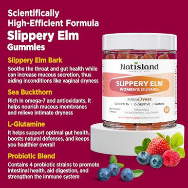 Natisland Slippery Elm For Women Gummies Organic Slippery Elm Bark Extract With Probiotics Sea Buckthorn L-Glutamine For Gut & Digestive Health Throat & Respiratory Support Sugar Free Vegan 60 Gummies