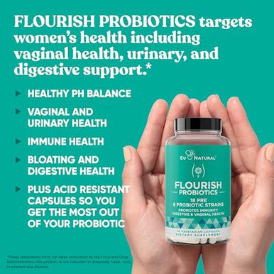 Eu Natural Flourish Probiotics + Prebiotics For Women Gut And Digestion, Urinary Tract, Reduce Bloating, Vaginal Health 18 Clinically Proven Strains, 14 Billion Cfu 30 Shelf-Stable Mini Vegan Capsules