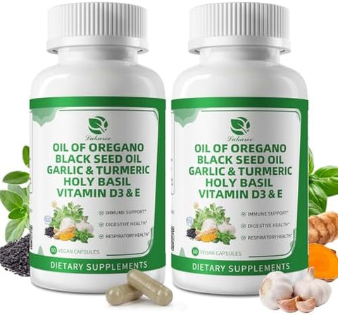 Lukaree Organic Oil Of Oregano Capsules With Black Seed Oil Garlic Turmeric Holy Basil Vitamin D3 E & Black Pepper For Better Absorption " Immune Digestive & Respiratory " Vegan Nongmo 2 Month Supply