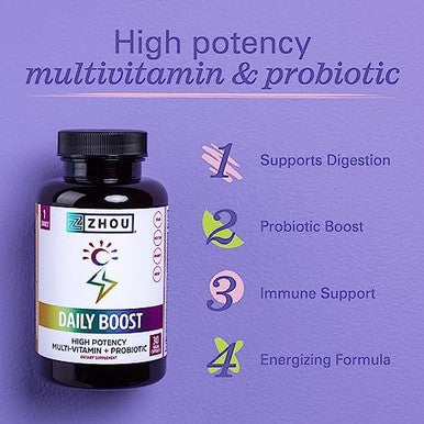 Zhou Nutrition Daily Boost Multivitamin With Probiotic, Zinc, Vitamin C, D3, B Complex For Immune Support, Energy And Digestive Health Vegan, Gluten Free, Soy 60 Servings