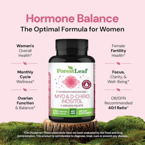 Forestleaf Myo-Inositol & D-Chiro Inositol Supplement For Women'S Health Fertility Supplements Women Inositol 40 1 Ratio Support Ovarian Function & Healthy Hormone Balance Women 2050Mg 120 Powder Caps