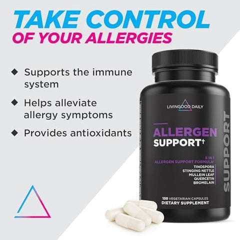 Livingood Daily Allergen Support Natural Allergy Supplement With Vitamin C Quercetin Nettle Leaf Zinc Bromelain & Tinospora Non Gmo Vegan Immune Support Formula 120 Vegetarian Capsules