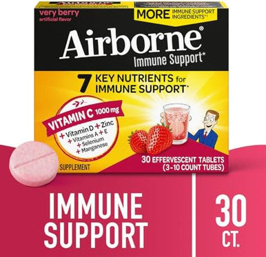 Airborne 1000Mg Vitamin C With Vitamin D + Zinc Sugar Multivitamin Immune Support Effervescent Fizzy Drink Tablets Very Berry Flavor With Powerful Antioxidants Vit A C & E 30 Tablets (2 Pack)