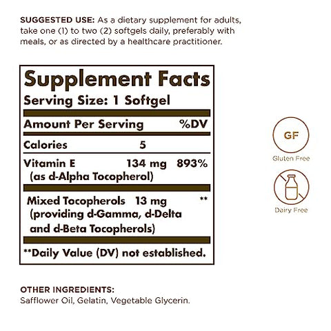 Solgar Vitamin E 200 Iu - 100 Softgels - Natural Antioxidant Immune System Support - Gluten Free Dairy Free 100 Servings