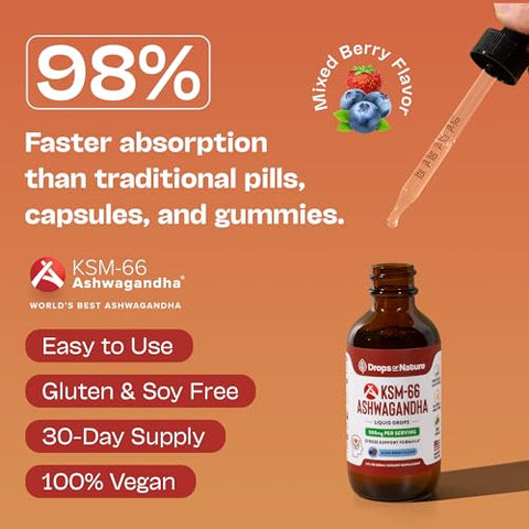 Drops Of Nature Ksm-66 Ashwagandha Liquid Drops Vegan Gmo Free & Fast Absorbing Form Ashwagandha Supplements For Daily Wellness Support Promotes Focus And Clarity Supports Daily Vitality (Mixed Berry 60Ml)