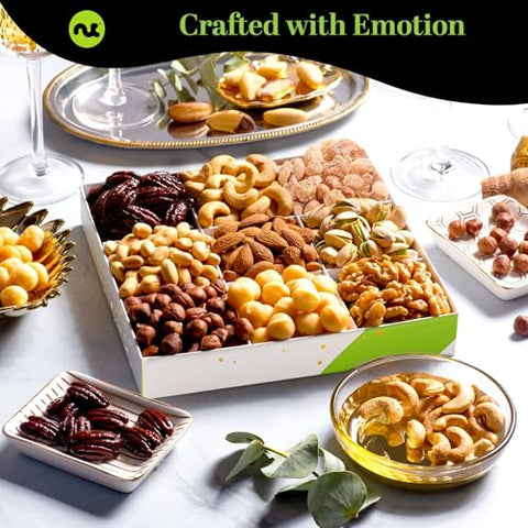 NUT CRAVINGS - Purim Mishloach Manot Mixed Nuts Gift Basket in White Gold Box (9 Assortments) Ramadan Gifts Treats for Adults, Food Arrangement, Healthy Snack Care Package, Kosher