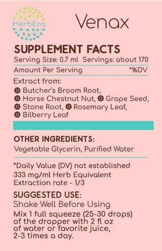 HerbEra Venax B120 Alcohol-Free Extract Tincture, Concentrated Liquid Drops: Butcher's Broom Root, Horse Chestnut Nut, Rosemary Leaf, Prickly Ash Bark, Bilberry Leaf, Grape Seed. Stone Root. 4 Oz