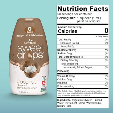 SweetLeaf Sweet Drops Flavored Stevia Liquid Sweetener Stevia Extract Zero Calories Gluten Free Keto Friendly Non GMO Natural Flavors Sugar Alternative Coconut 1.7 Fl Oz (Pack of 2)