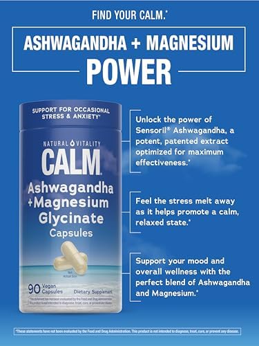 Natural Vitality Calm Ashwagandha + Magnesium Glycinate Capsules Support for Occasional Stress and Anxiety Gluten Supplement 90 Count