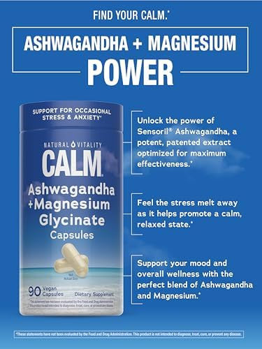 Natural Vitality Calm Ashwagandha + Magnesium Glycinate Capsules Support For Occasional Stress & Anxiety Gluten Supplement 90 Count