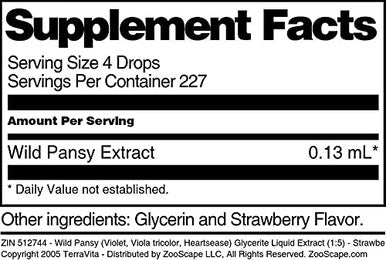 Terravita Wild Pansy (Violet, Viola Tricolor, Heartsease) Glycerite Liquid Extract (1:5) - Strawberry Flavored (1 Oz, Zin: 512744)