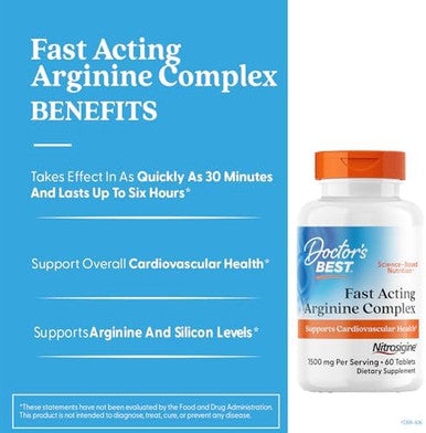 Doctor'S Best Fast Acting Arginine Complex W/Nitrosigine Boost Nitric Oxide Blood Flow & Vessel Flexibility Nongmo Vegan Gluten 750Mg White (Drb00406) Tablet 60 Count