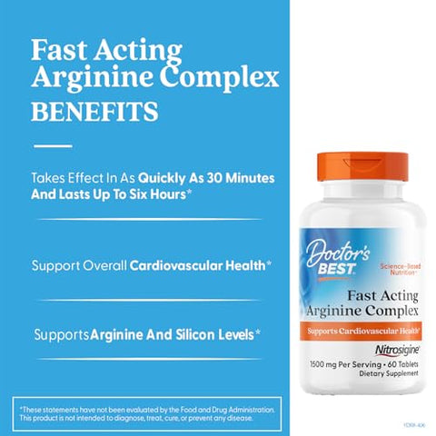 Doctor'S Best Fast Acting Arginine Complex - L Arginine Supplements For Men & Women Helps Nitric Oxide Level Blood Flow & Cardiovascular Health Support 1500 Mg Per Serving Vegan 60 Tablets