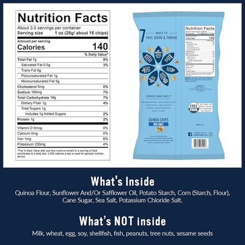 Simply 7 Quinoa Chips Sea Salt 3.5oz (Pack of 4) GlutenFree Vegan Snack PlantBased Crunchy Chips NonGMO Low Calorie NutFree Healthy Vegetable Snack Alternative