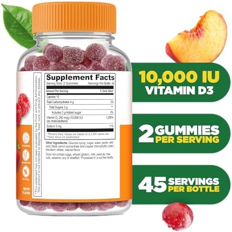 Lifeable Vitamin D3 10000Iu Great Tasting Bone Strength Supplements Vitamin D3 Gummies For Bone Health Vitamin D Gummies For Adults Men Women 90 Gummies