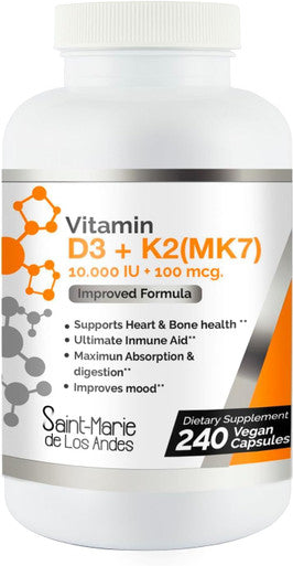 Vitamin D3 (10000 Iu) + K2 / Mk7 (100 Mcg) Supplement (8 Months Supply) - Non-Gmo - High Potency Formula For Optimal Health