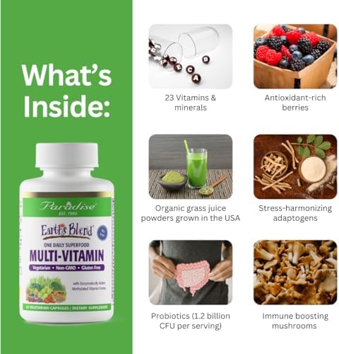 Paradise Herbs Earth's Blend Once Daily Multivitamin with Iron 48 Organic Superfoods Probiotics Antioxidants Vitamins A B12 C D K2 120 Capsules