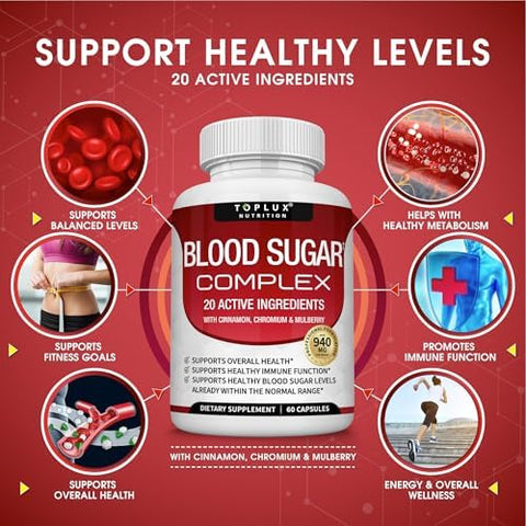 Toplux Blood Sugar Complex Supplement Supports Healthy Blood Sugar Levels Already Within Normal Range All Natural With Cinnamon Bitter Melon Chromium Mulberry Alpha Lipoic Acid Nongmo 60 Capsules