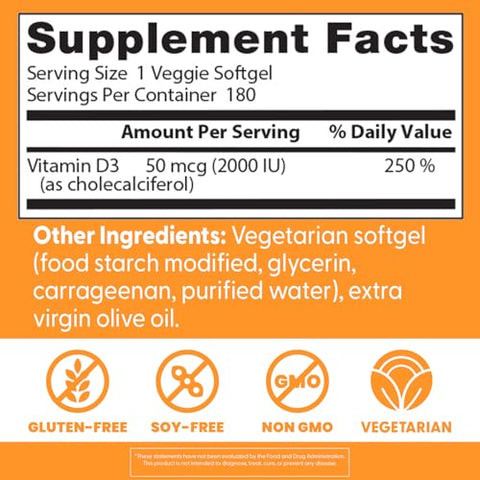 Doctor'S Best Vitamin D3 2000 Iu Softgels For Men & Women - Vitamin D Supplement For Immune System & Heart Health Support 50 Mcg Per Serving Vit D 3 Non Gmo Gluten & Soy Free 180 Veggie Softgels