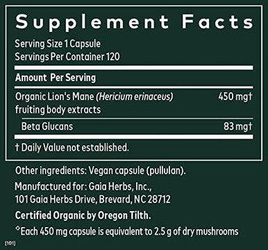 Gaia Herbs Lion'S Mane Mushroom Help Maintain Neurological Health 120 Vegan Liquid Phytocapsules