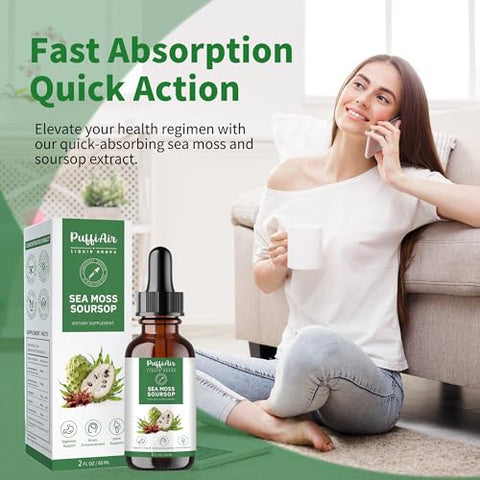 Puffiair Soursop(Graviola) & Sea Moss Liquid Drop For Cell Support & Regeneration Immune Boost Relax Liver And Sleep Herbal Extract Sugar/Gluten Free Natural Flavor 2 Fl Oz/60Ml