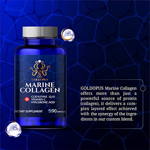 Goldopus Marine Collagen Peptides Capsules With Hyaluronic Acid Coenzyme Q10 Vitamin C - Preserve Beauty And Youth - Promote Firm Skin Strong Nails&Hair Healthy Joints 90 Capsules 1 Month Supply