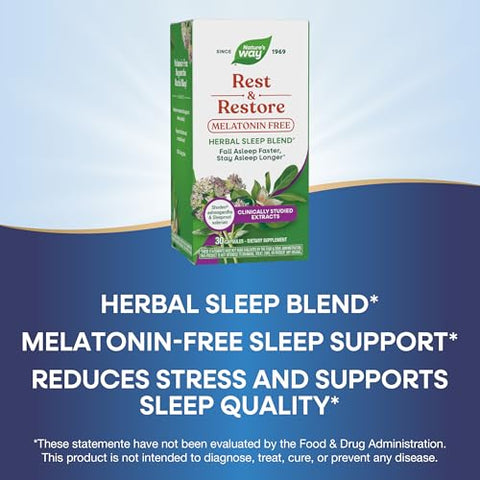 Nature'S Way Rest & Restore Melatonin-Free Sleep Supplement With Ashwagandha Valerian Vegan 30 Capsules