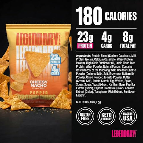 Legendary Foods Cheesy Nacho Protein Chips - Popped Tortilla Style - 23G High Protein 4G Carbs Low Sugar Gluten Free Keto Snack Packs - 10 Pack - Healthy Crunchy Chips