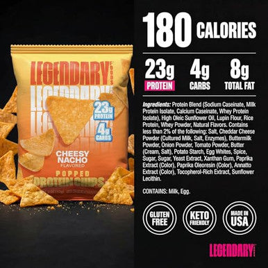 Legendary Foods Cheesy Nacho Protein Chips - Popped Tortilla Style - 23G High Protein 4G Carbs Low Sugar Gluten Free Keto Snack Packs - 10 Pack - Healthy Crunchy Chips