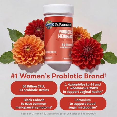 Garden Of Life Dr. Formulated Menopause Probiotics With Black Cohosh Chromium And Pre Pro & Postbiotics Menopause Supplements For Women Immune Health Non-Gmo Gluten-Free 30 Vegetarian Capsules
