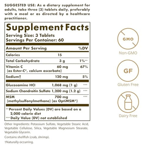 Solgar Extra Strength Glucosamine Chondroitin Msm W/Ester-C 180 Tablets - Promotes Healthy Joints Supports Comfortable Movement & Collagen Formation - Non-Gmo Gluten No Dairy No 60 Servings