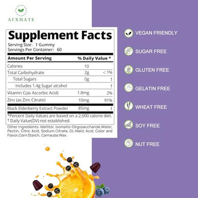 Afxmate Sambucus Elderberry Gummies Black Elderberry With Zinc And Vitamin C For Adults Sugar Free Kids Immune Support* Supplement Gummies (2 Pack)
