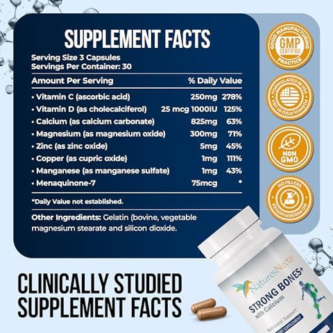 Nature's Nectar Bone and Joint Supplements for Men and Women Supports Bone Health Strength and Growth with Calcium Vitamin D Magnesium and Strontium Bone Builder Formula for Maximum Absorption 90 Caps