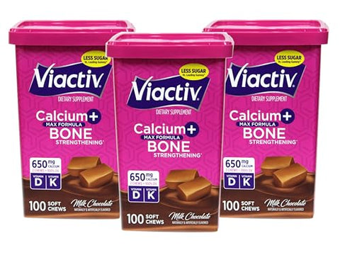 Viactiv Max Formula Calcium +Vitamin D3 Supplement for Bone Health Milk Chocolate 100 Soft Chews 3 Pack