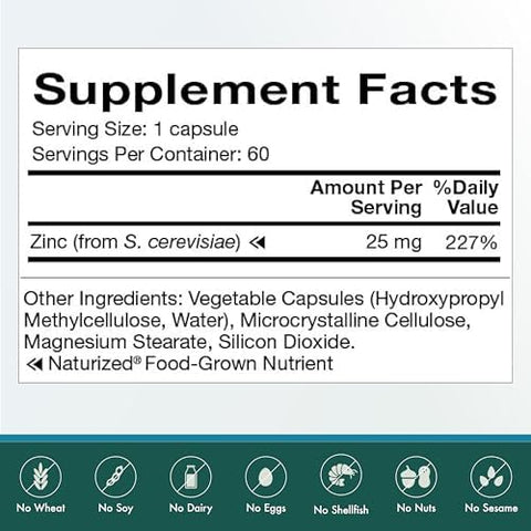 Natura Health Products 25 mg Zinc Supplement Supports Cellular Health and a Healthy Immune Response Highly Bioavailable FoodGrown Zinc (60 Capsules)