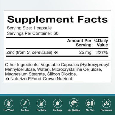 Natura Health Products Zinc Supplement - Supports Cellular Health And A Healthy Immune Response - Highly Bioavailable Food-Grown Zinc ( ) 25 Mg 60 Capsules